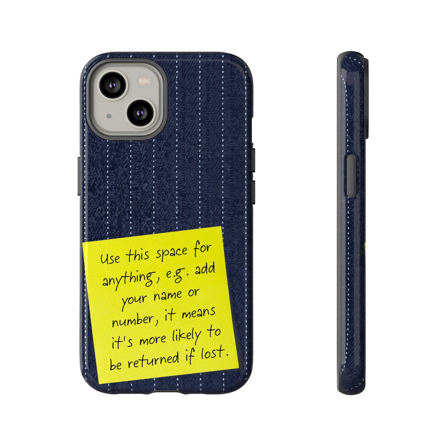 Navy Pinstripe Design with Yellow Sticky Note Personalised Tough Phone Case for Apple iPhone, Samsung Galaxy and Google Pixel.