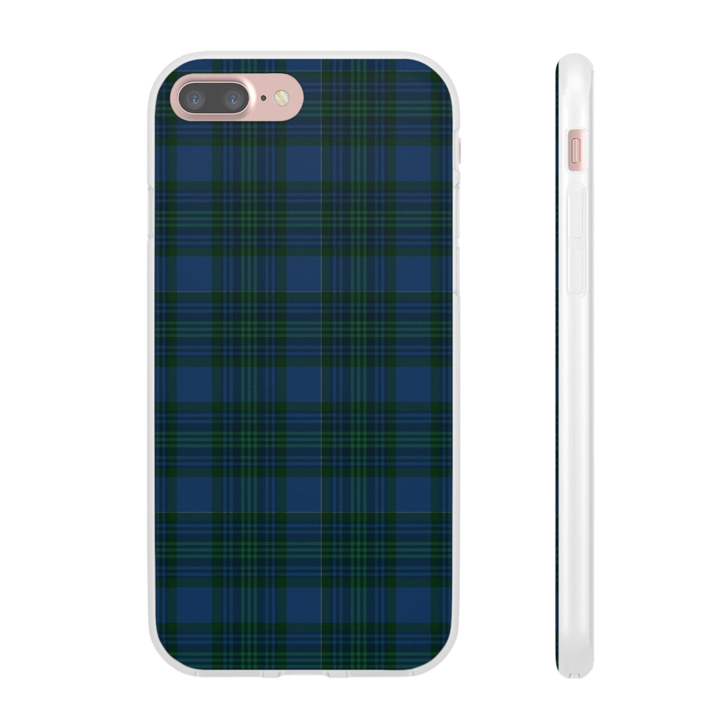 Navy green tartan phone case with flexible plaid design, slim shock-absorbing TPU, semi-transparent matte finish