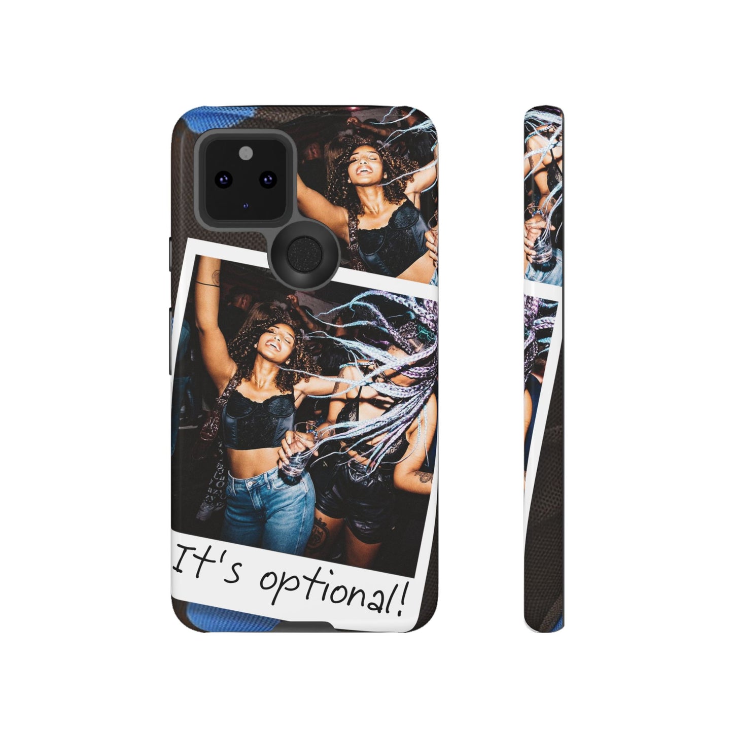 Two Image Personalised Polaroid Photo on Blue Polka Dot Protective Tough Case for Apple iPhone, Samsung Galaxy and Google Pixel.
