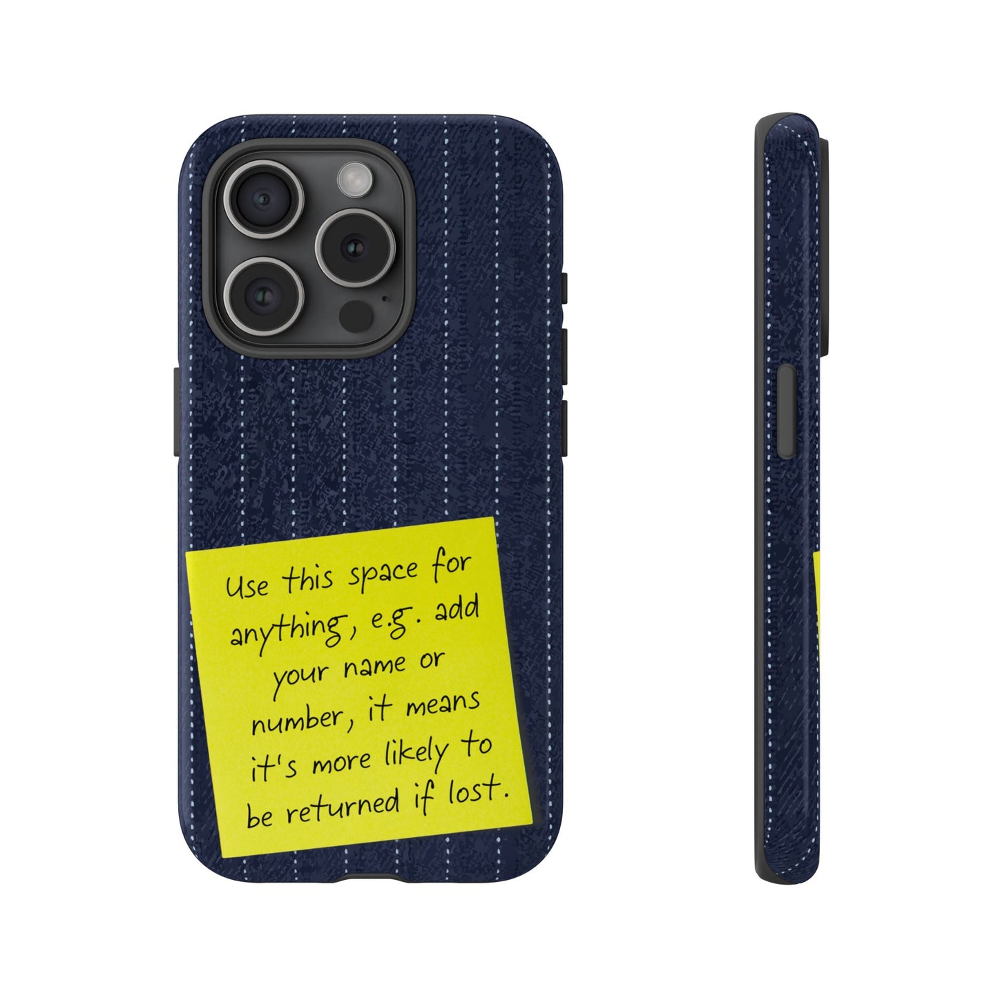 Navy Pinstripe Design with Yellow Sticky Note Personalised Tough Phone Case for Apple iPhone, Samsung Galaxy and Google Pixel.