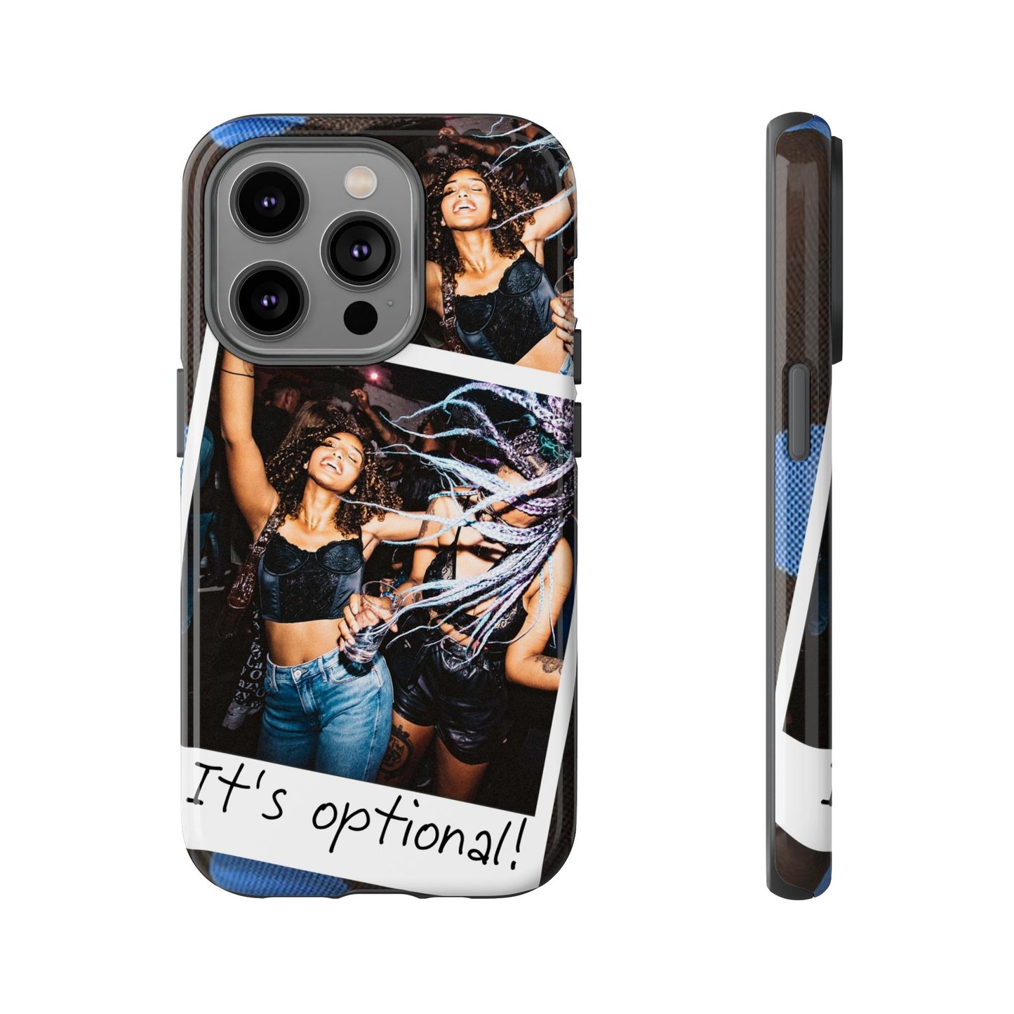 Two Image Personalised Polaroid Photo on Blue Polka Dot Protective Tough Case for Apple iPhone, Samsung Galaxy and Google Pixel.