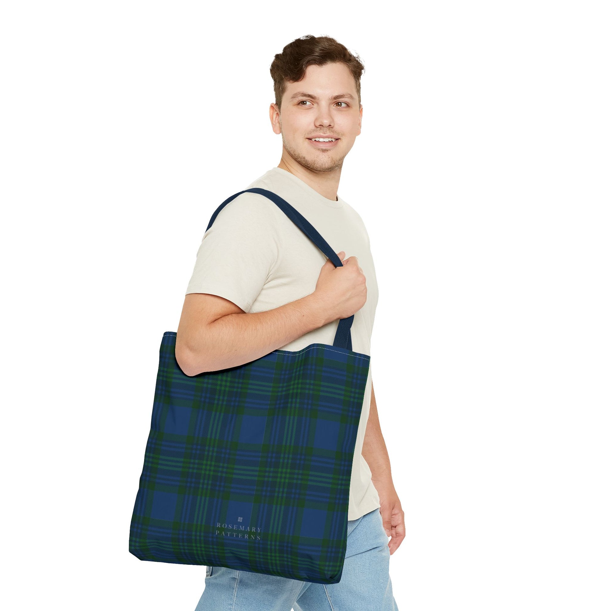 Tartan plaid tote bag in blue and green, eco friendly reusable market tote with Scottish pattern, cotton handles