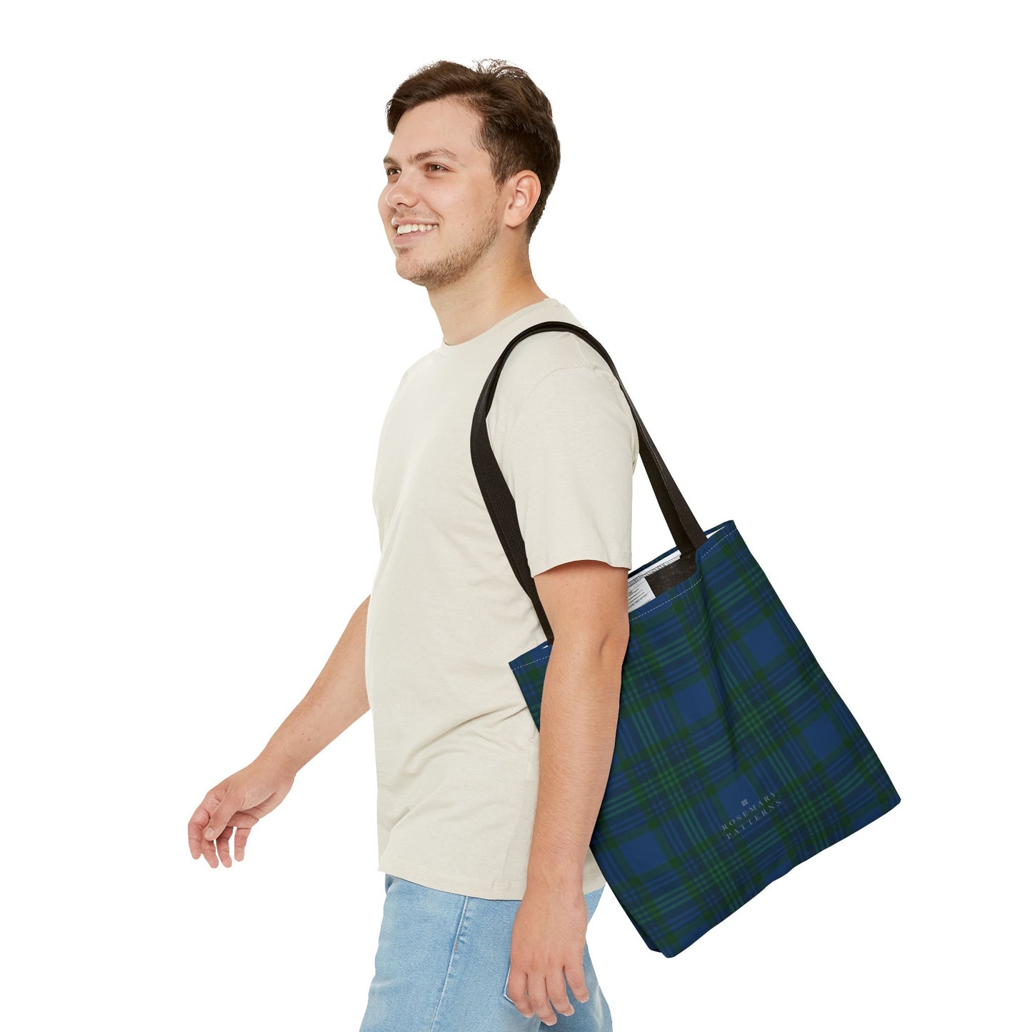 Tartan plaid tote bag in blue and green, eco friendly reusable market tote with Scottish pattern, cotton handles