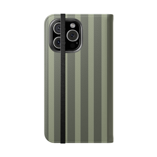 Olive Vertical Stripe Flip Phone Case — Wallet Cover with Card Slots