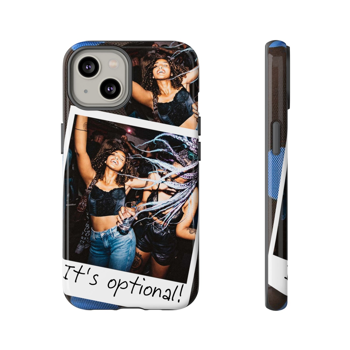 Two Image Personalised Polaroid Photo on Blue Polka Dot Protective Tough Case for Apple iPhone, Samsung Galaxy and Google Pixel.