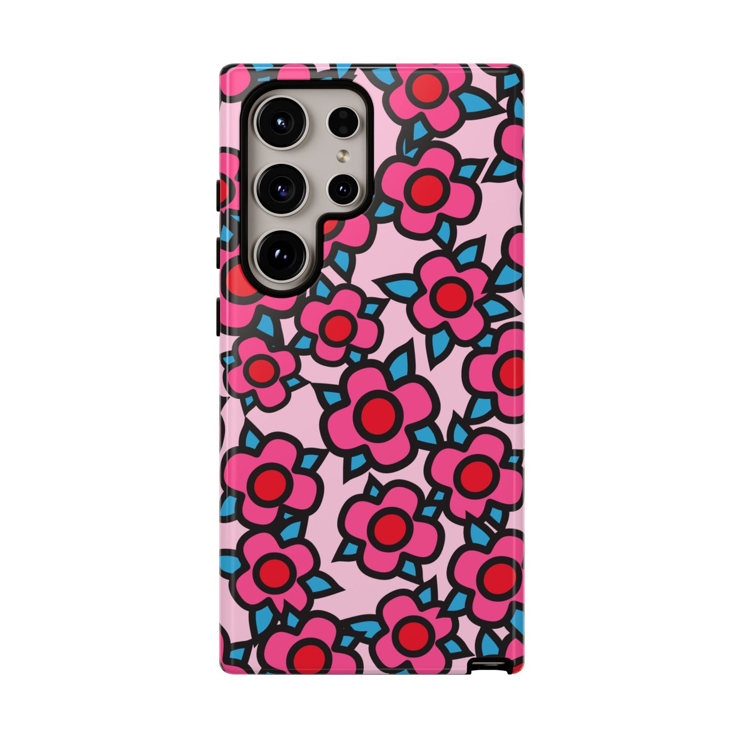 Floral Pink Tough Phone Case — Retro Red & Teal Flower Pattern