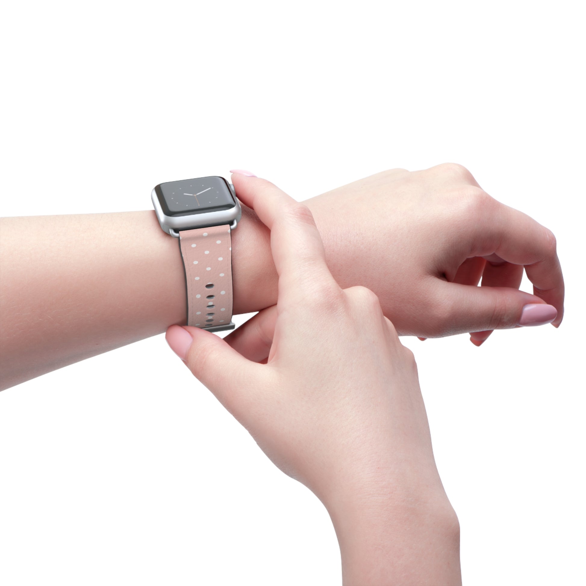 Apple Watch band in soft pink with white polka dots, cute watch band for women, floral-inspired silicone strap