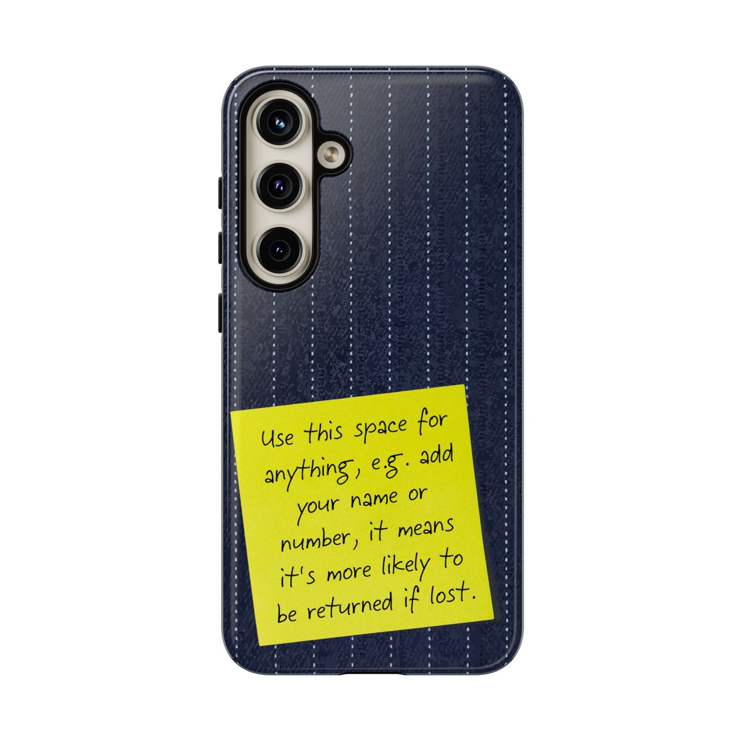 Navy Pinstripe Design with Yellow Sticky Note Personalised Tough Phone Case for Apple iPhone, Samsung Galaxy and Google Pixel.