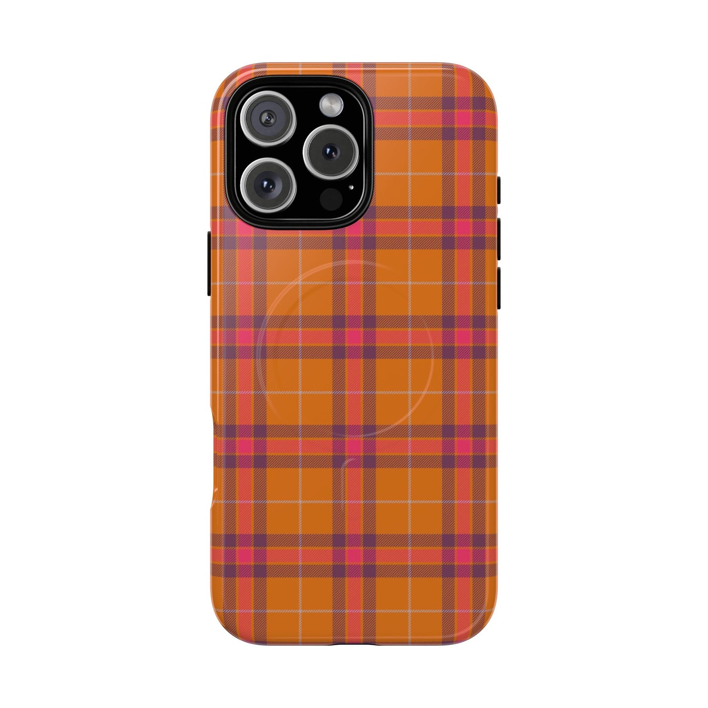Tartan Magnetic Phone Case — Orange and Red Plaid Tough Protective MagSafe Case