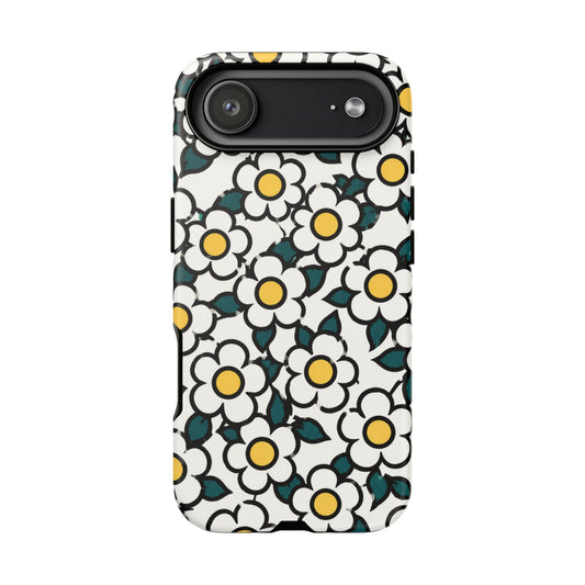 Floral Daisy Tough Phone Case — Retro White & Yellow Protective Cover