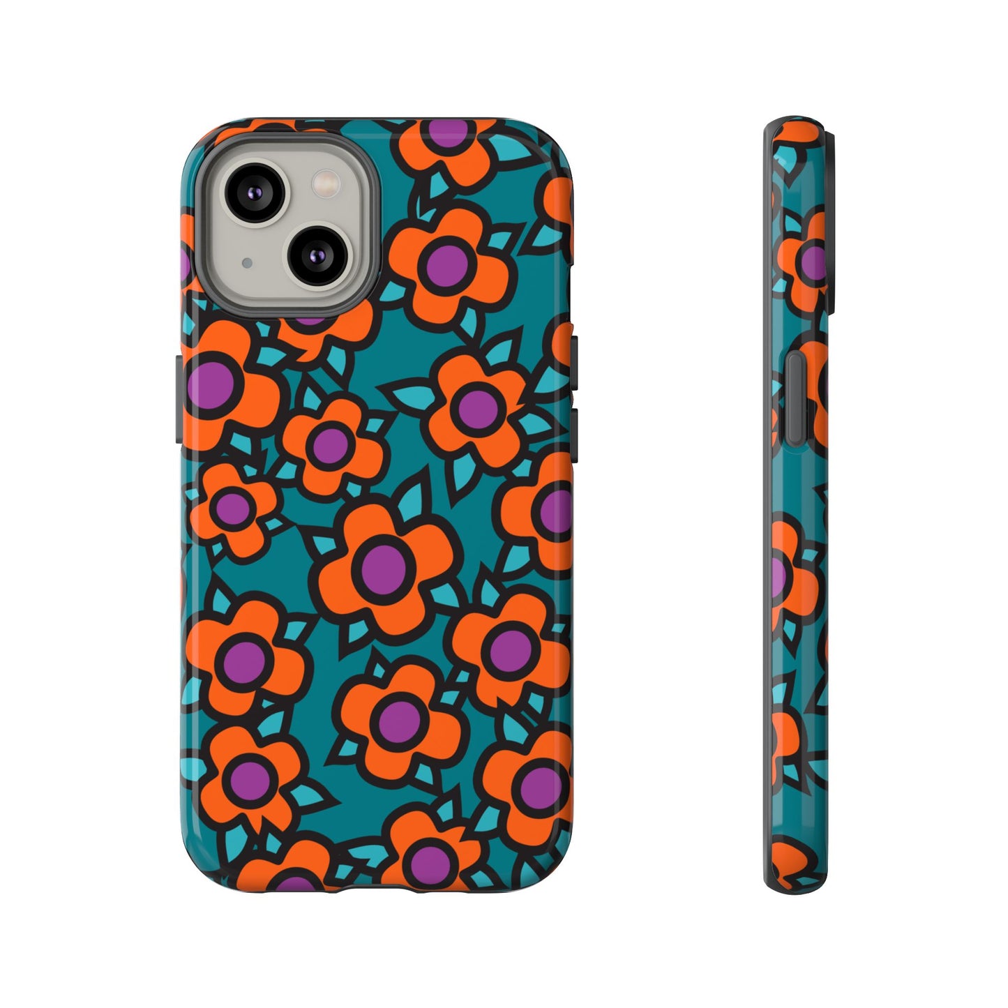 Floral Pop Tough Phone Case — Retro Orange & Teal Flower Pattern