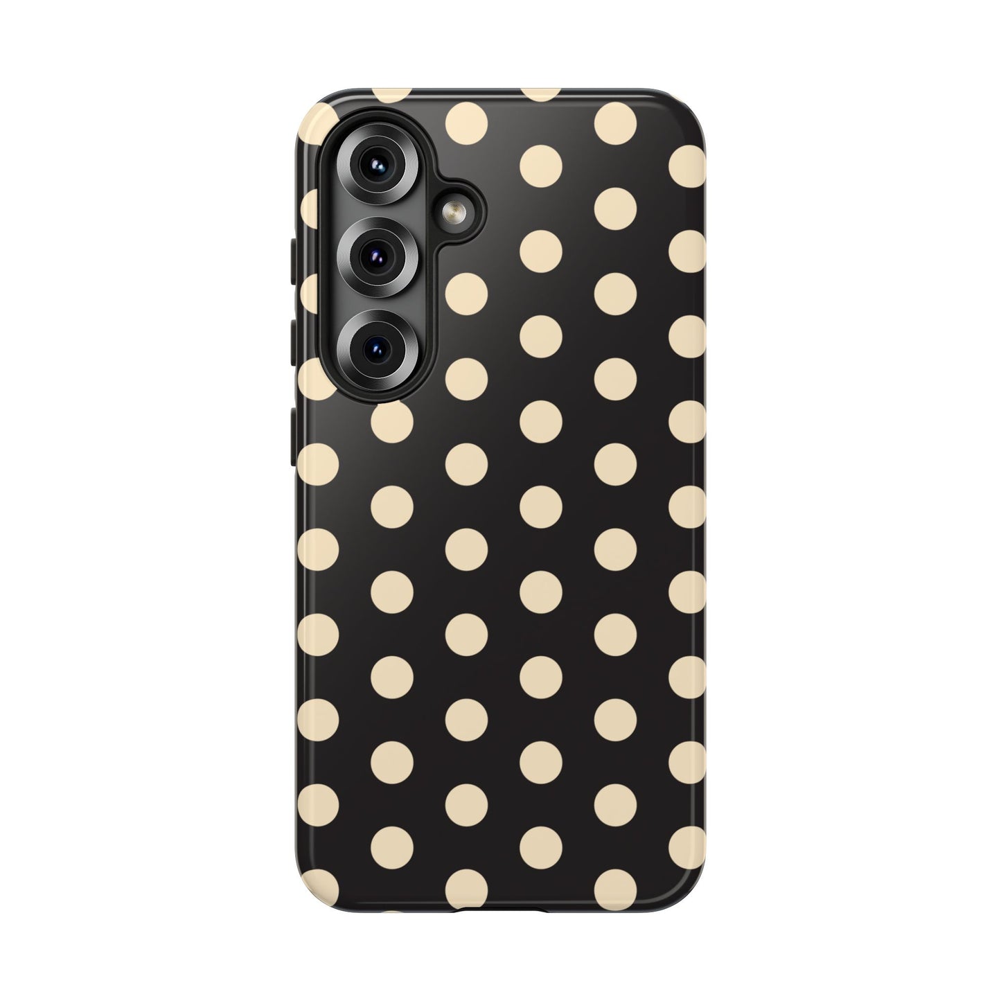 Polka Dot Tough Phone Case — Black with Cream Dots, Protective Slim Phone Cover
