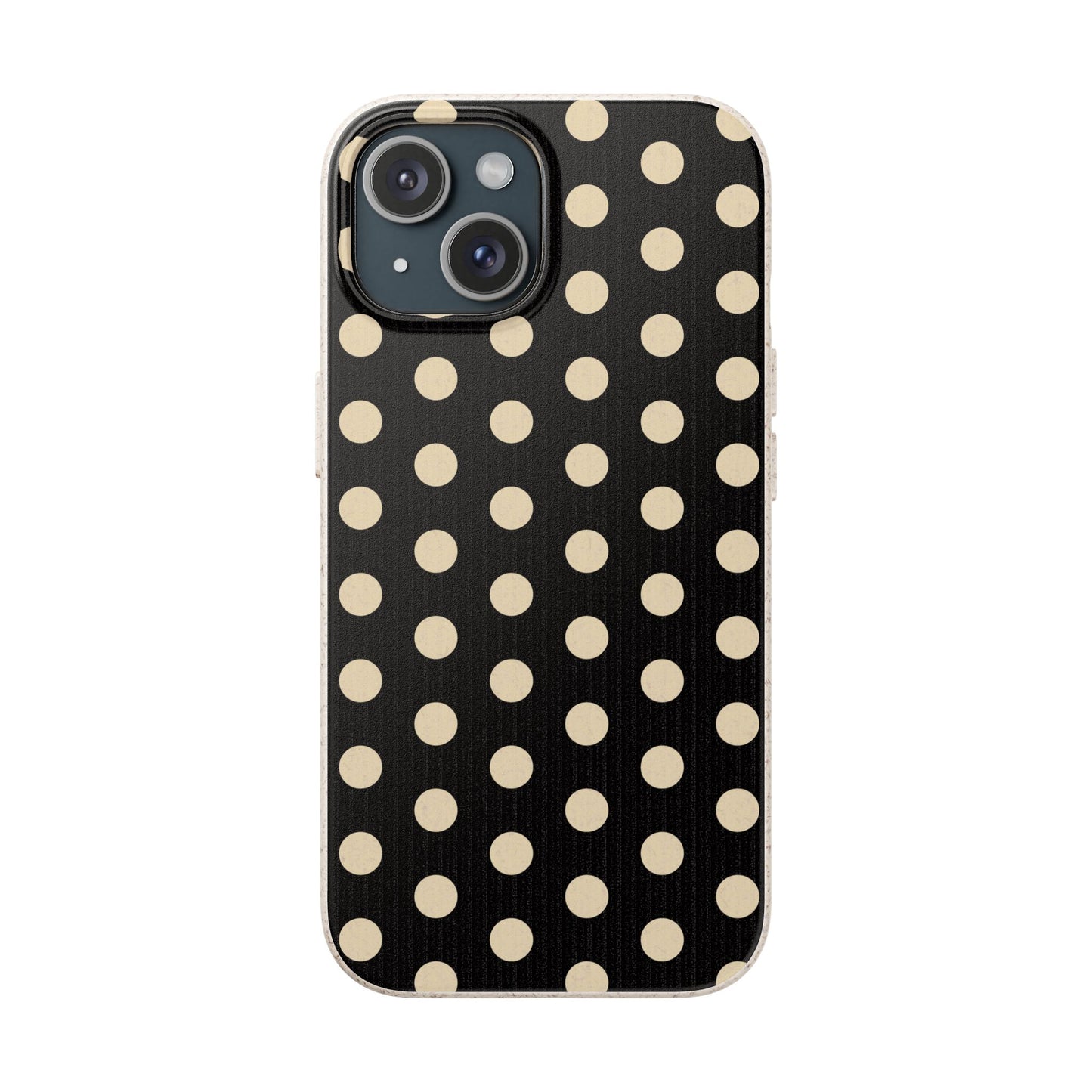 Eco-Friendly Black & Cream Polka Dot Pattern Biodegradable Phone Case for Apple iPhone and Samsung Galaxy.