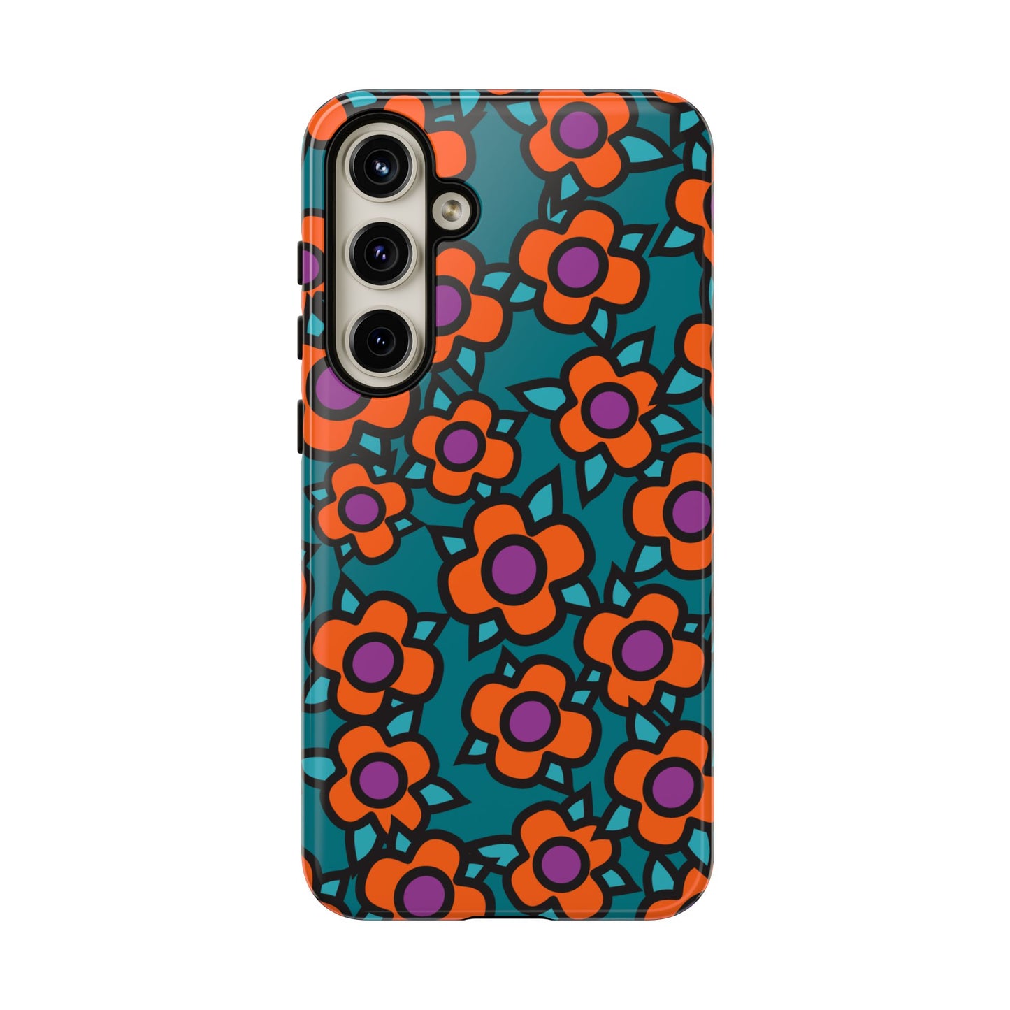 Floral Pop Tough Phone Case — Retro Orange & Teal Flower Pattern