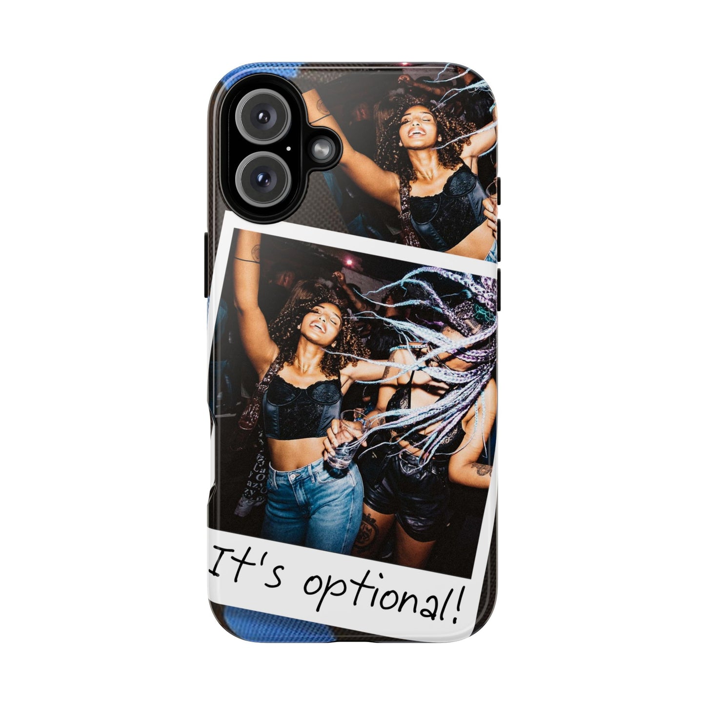 Two Image Personalised Polaroid Photo on Blue Polka Dot Protective Tough Case for Apple iPhone, Samsung Galaxy and Google Pixel.