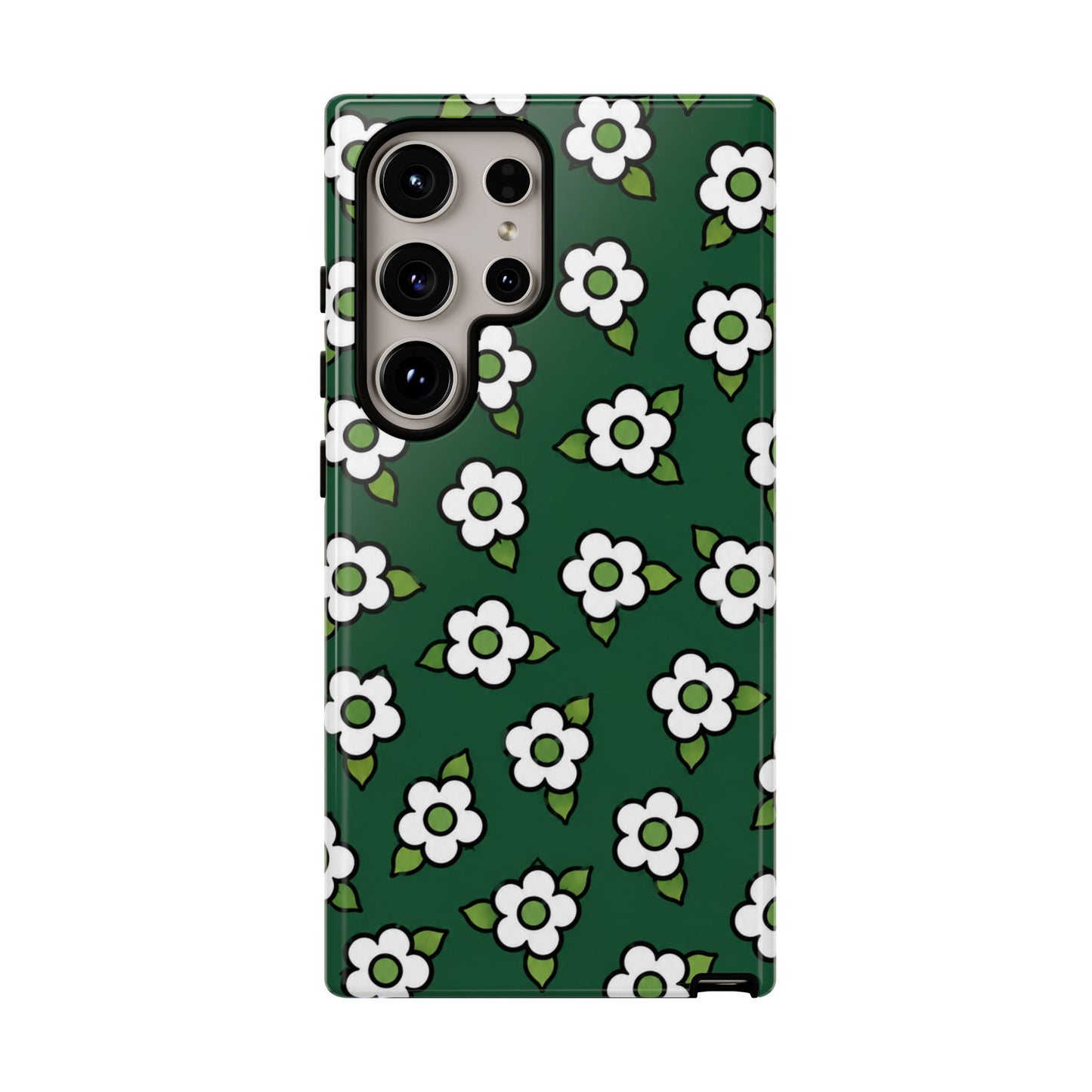 Floral Tough Case — Green White Daisy Protective Phone Cover