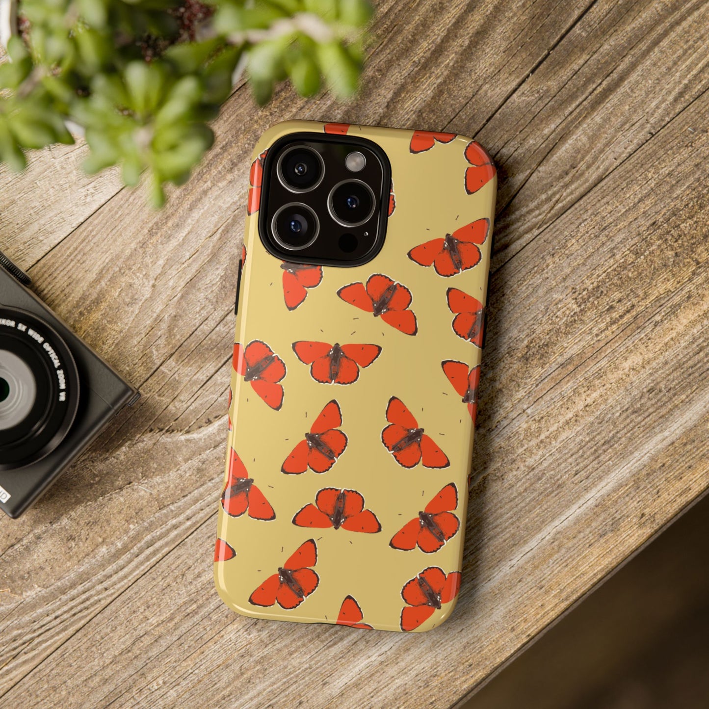Red Butterfly Pattern Tough Phone Case — Retro Butterflies on Yellow