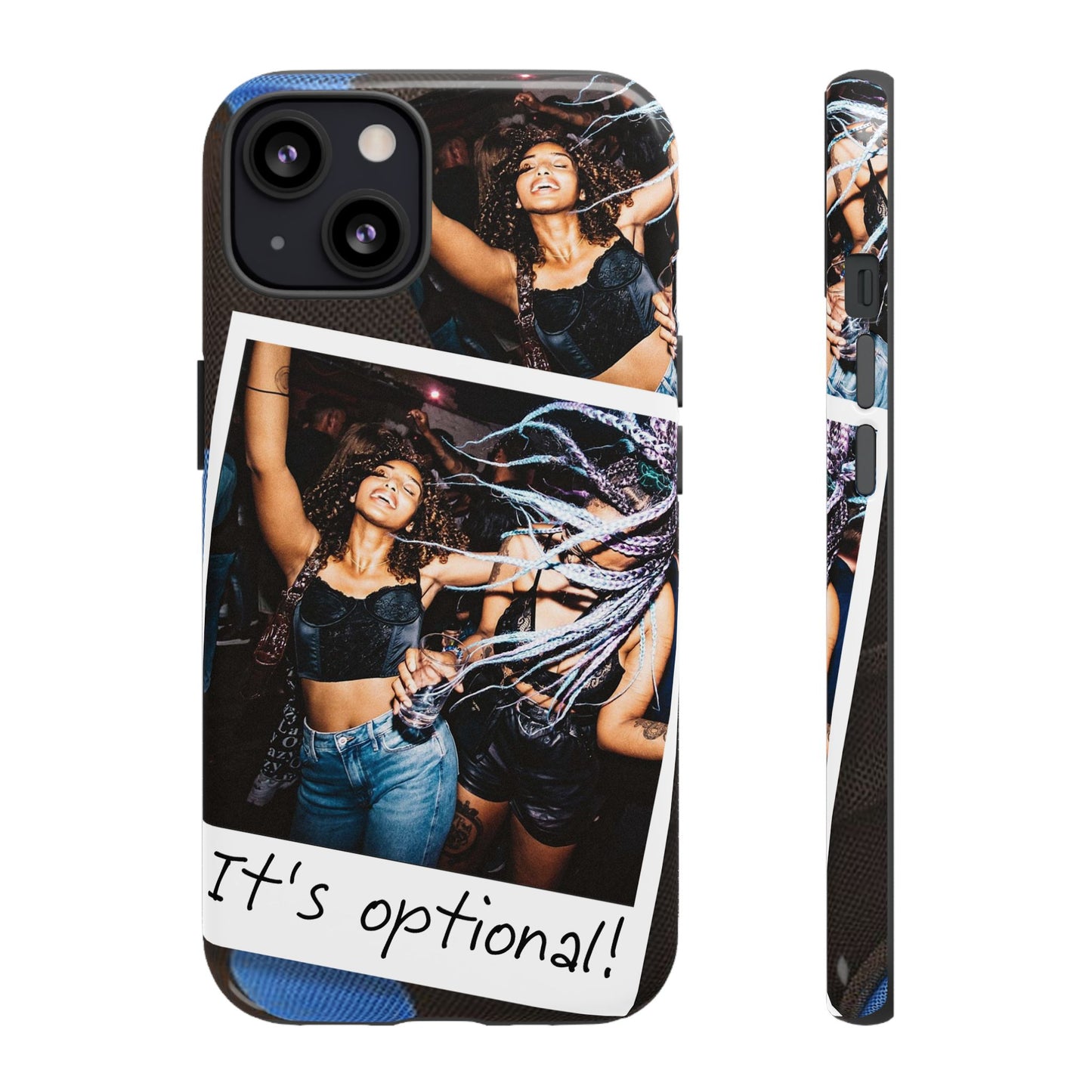 Two Image Personalised Polaroid Photo on Blue Polka Dot Protective Tough Case for Apple iPhone, Samsung Galaxy and Google Pixel.