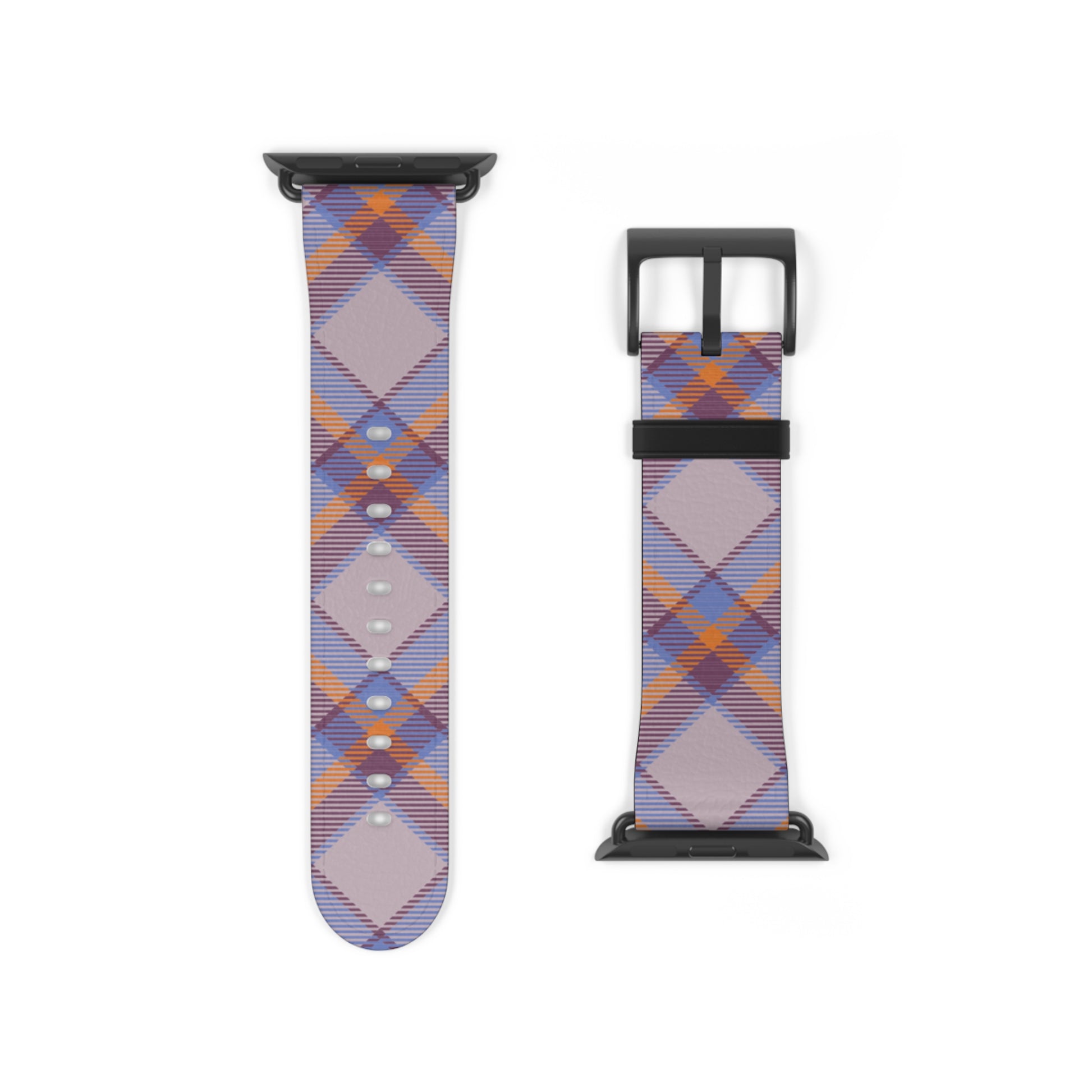 Tartan plaid watch band in orange and green for Apple Watch, stylish gift idea, faux-leather strap with stainless steel buckle
