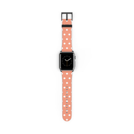 apple watch band in coral pink with white polka dots, cute women watch band, pastel dot pattern strap for Apple Watch