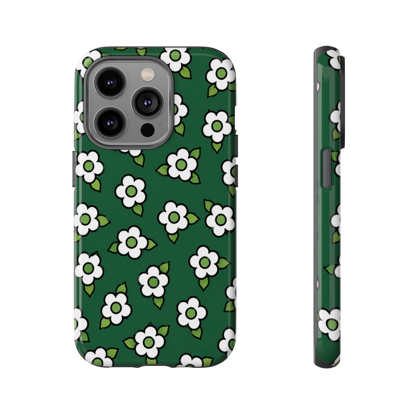 Floral Tough Case — Green White Daisy Protective Phone Cover