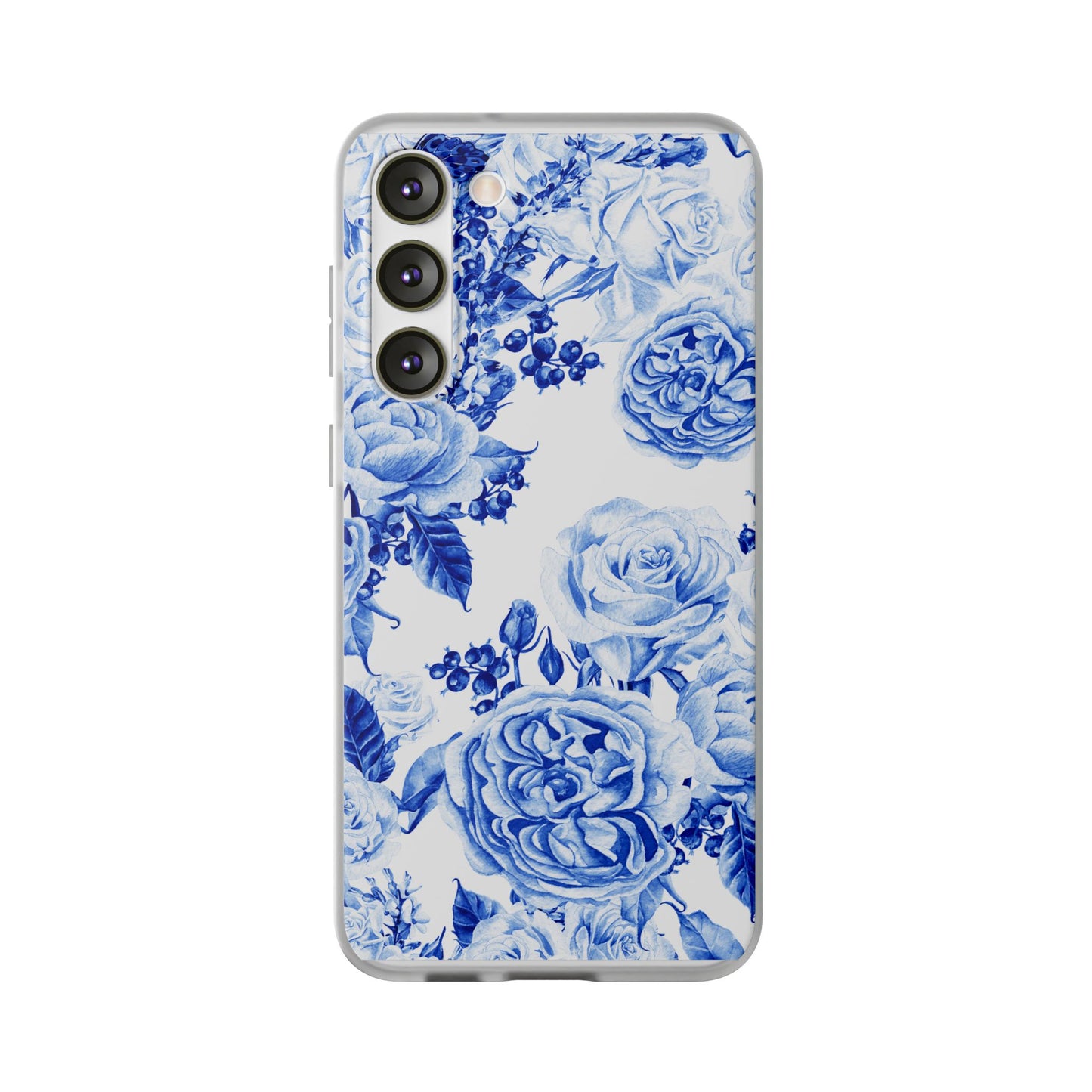 Blue Floral Phone Case — Hand-Painted Rose Pattern Flexi Case for Apple iPhone, Samsung Galaxy and Google Pixel.