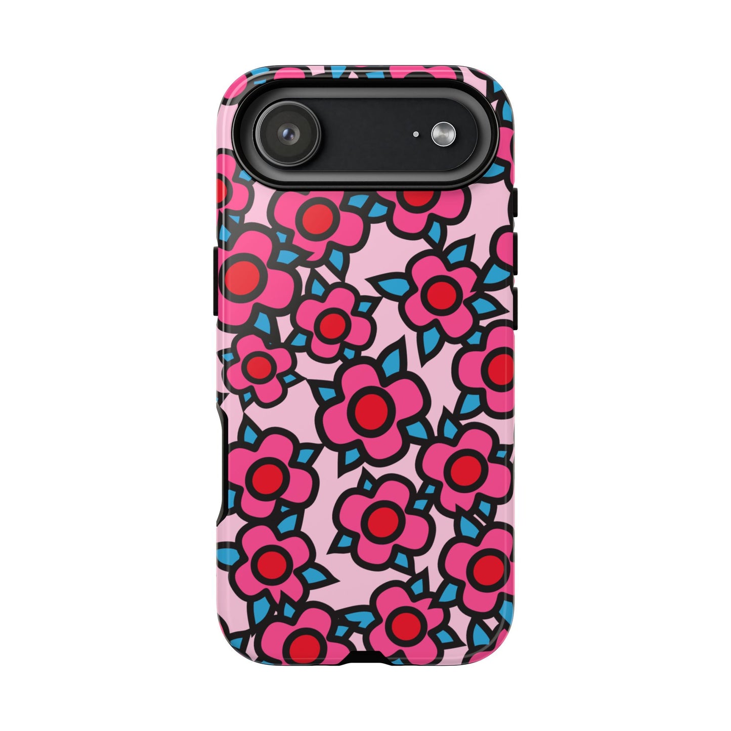Floral Pink Tough Phone Case — Retro Red & Teal Flower Pattern