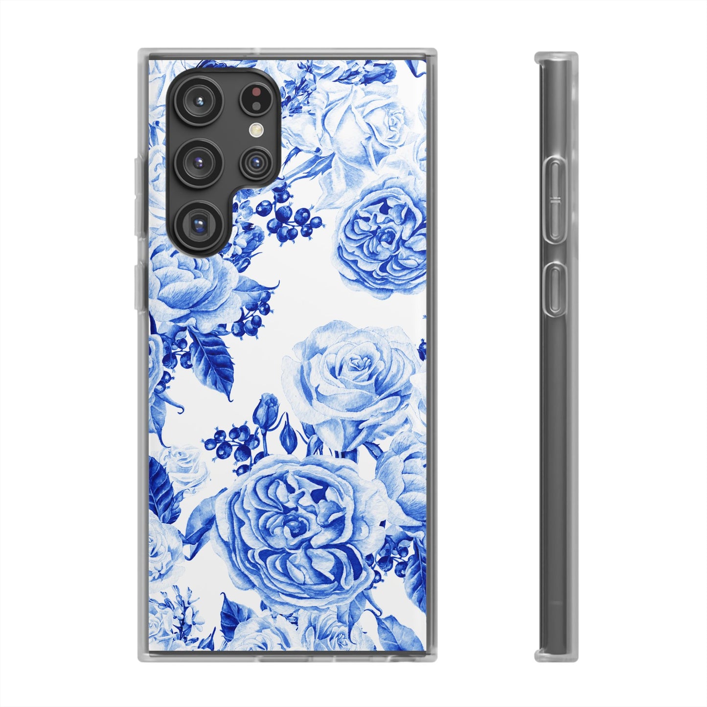 Blue Floral Phone Case — Hand-Painted Rose Pattern Flexi Case for Apple iPhone, Samsung Galaxy and Google Pixel.