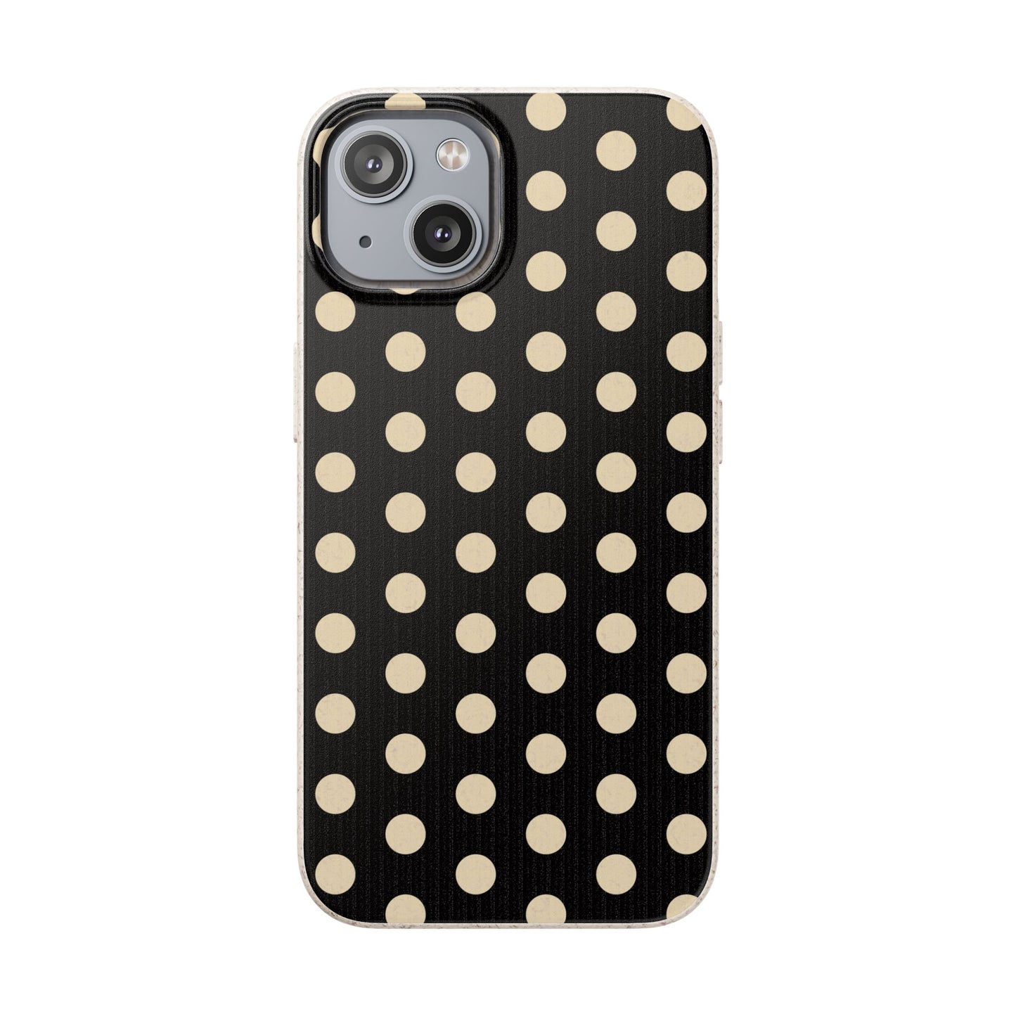 Eco-Friendly Black & Cream Polka Dot Pattern Biodegradable Phone Case for Apple iPhone and Samsung Galaxy.