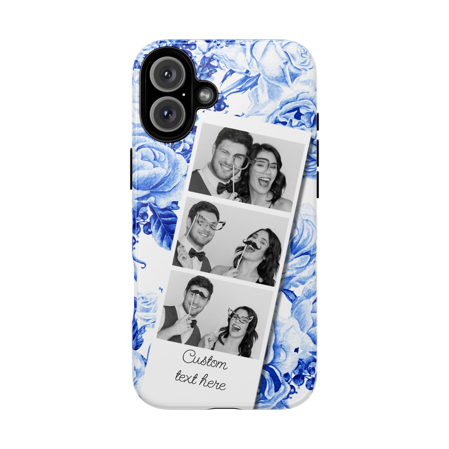 Three Photo Personalised Blue Floral Image Strip Custom Phone Case