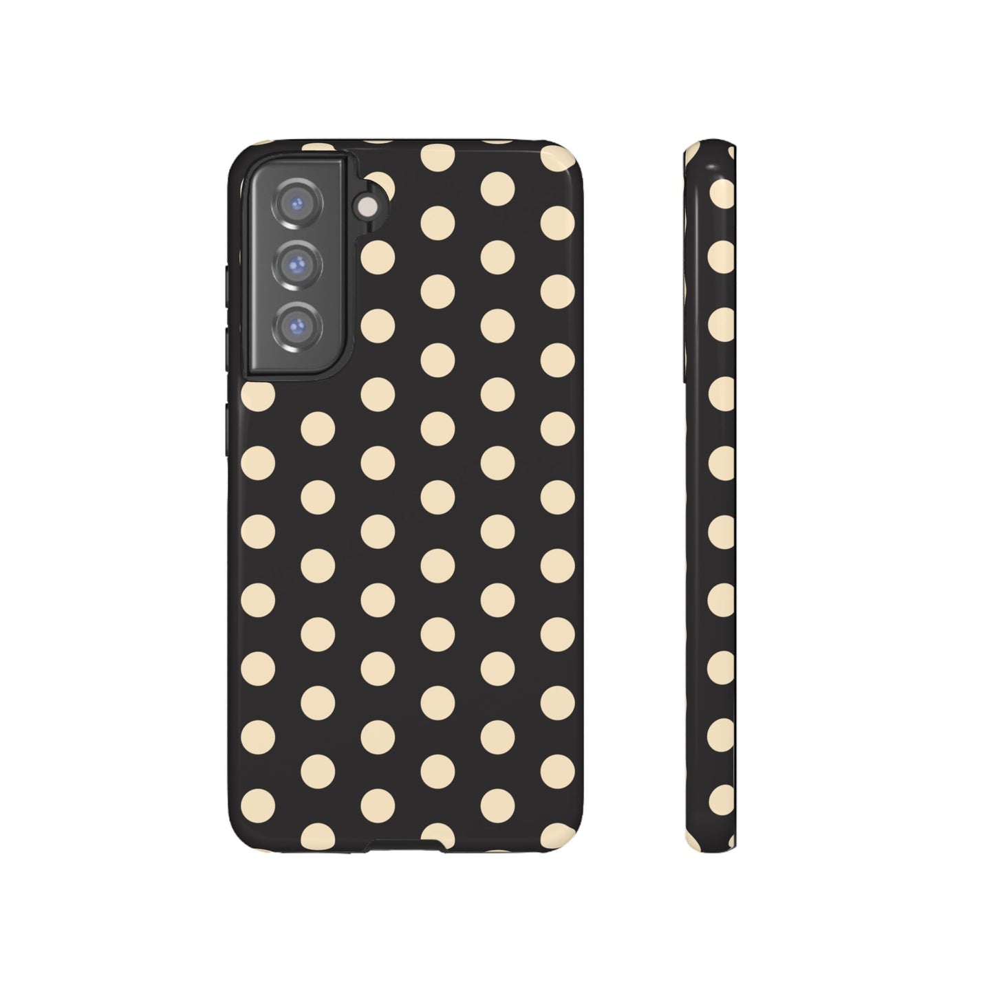 Polka Dot Tough Phone Case — Black with Cream Dots, Protective Slim Phone Cover