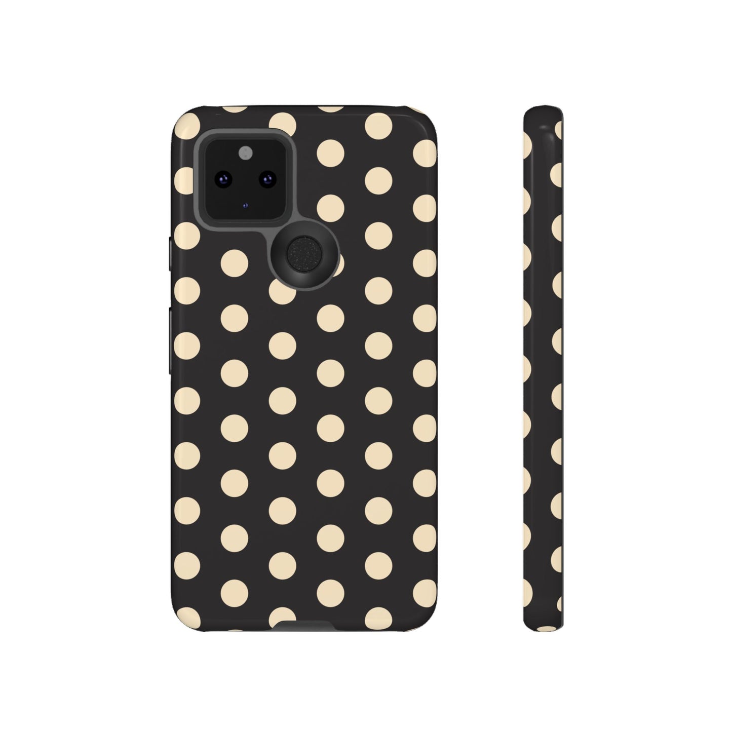 Polka Dot Tough Phone Case — Black with Cream Dots, Protective Slim Phone Cover