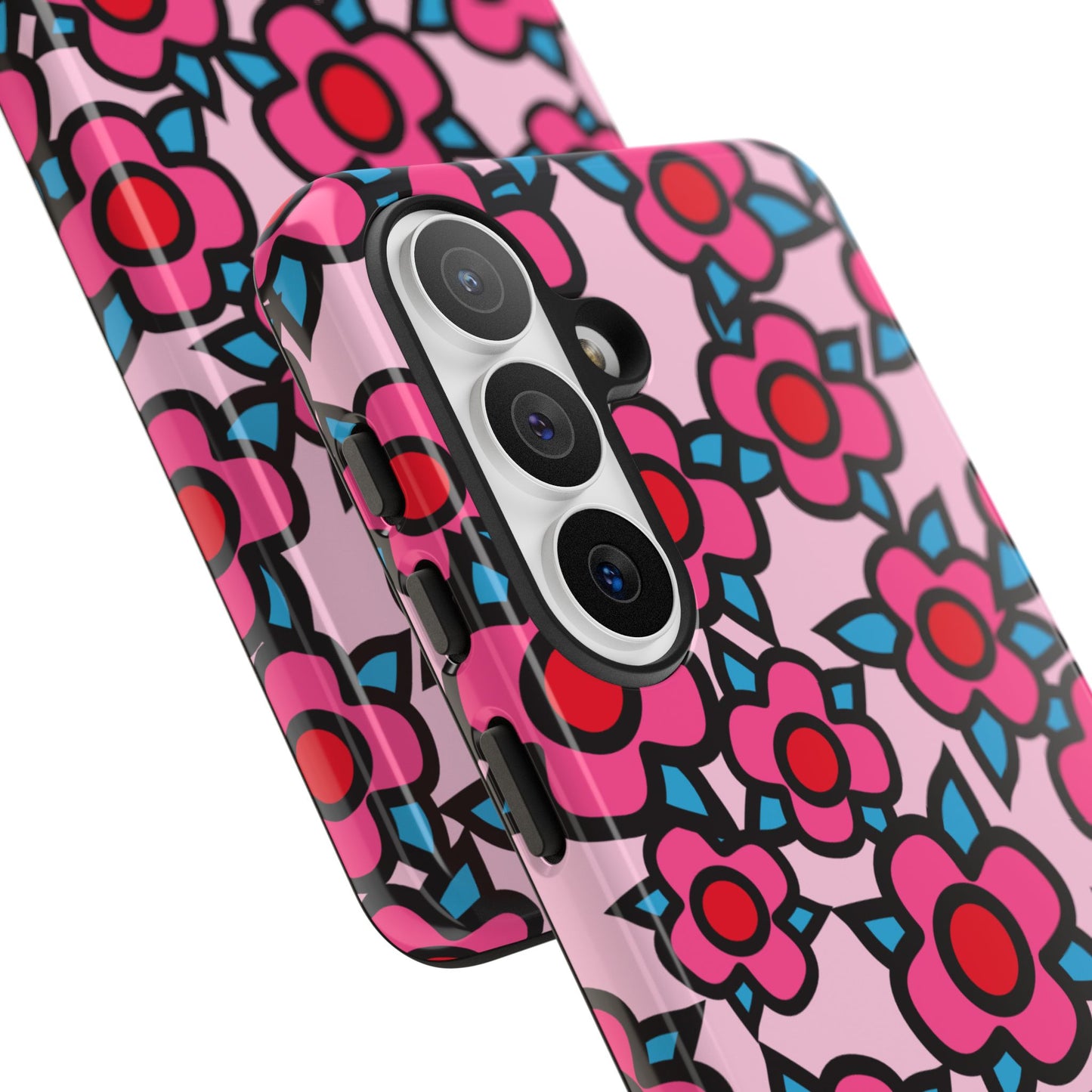 Floral Pink Tough Phone Case — Retro Red & Teal Flower Pattern
