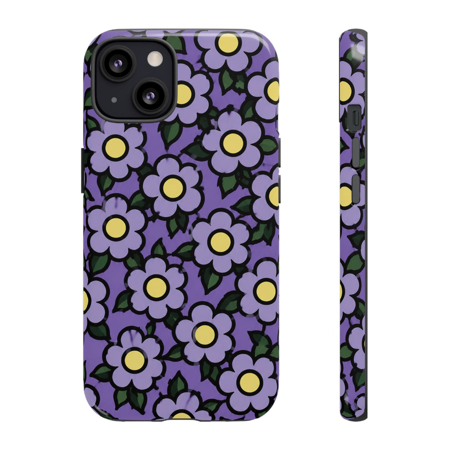Purple Floral Tough Phone Case — Durable Protective Phone Cover with Cute Daisy Pattern
