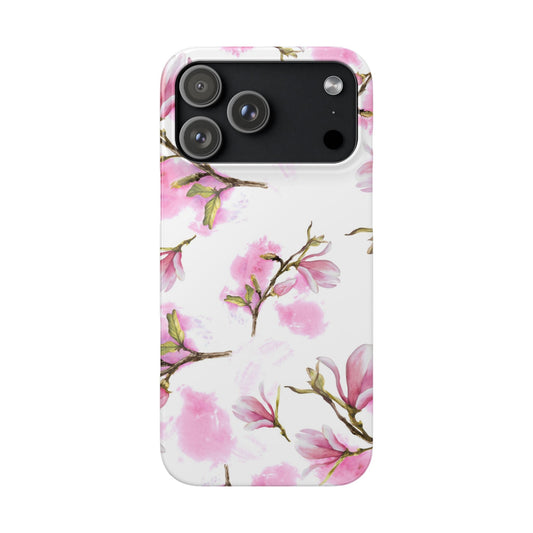 Floral Magnolia Slim Phone Case – Pink Watercolor Snap Case for Apple iPhone and Samsung Galaxy.