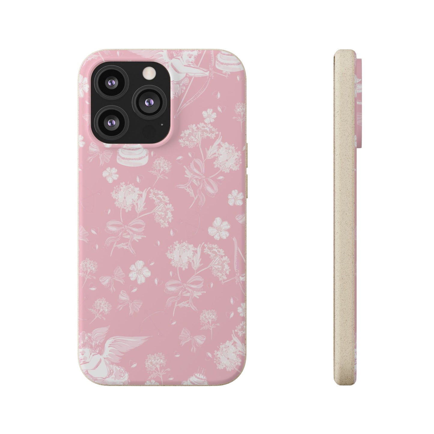 Pink Floral Cherub Biodegradable Phone Case for Apple iPhone and Samsung Galaxy.