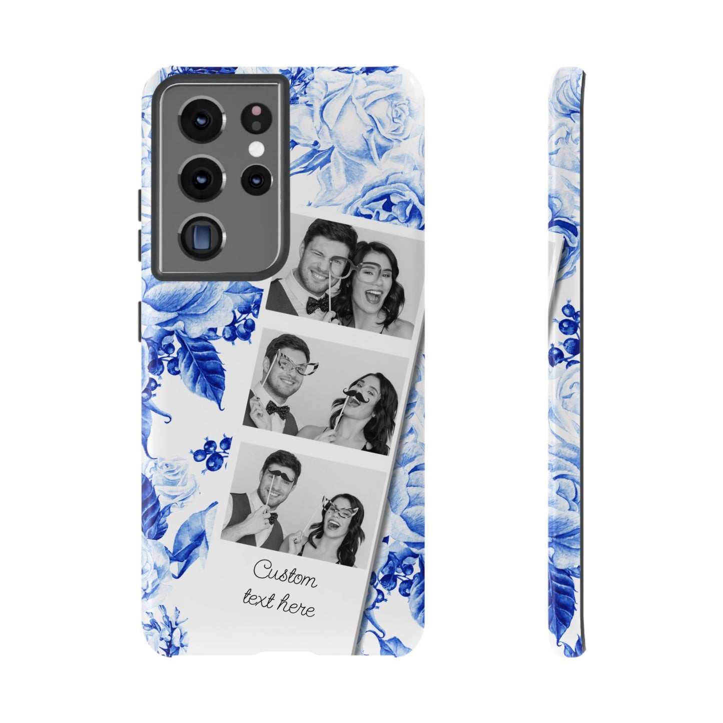 Three Photo Personalised Blue Floral Image Strip Custom Phone Case