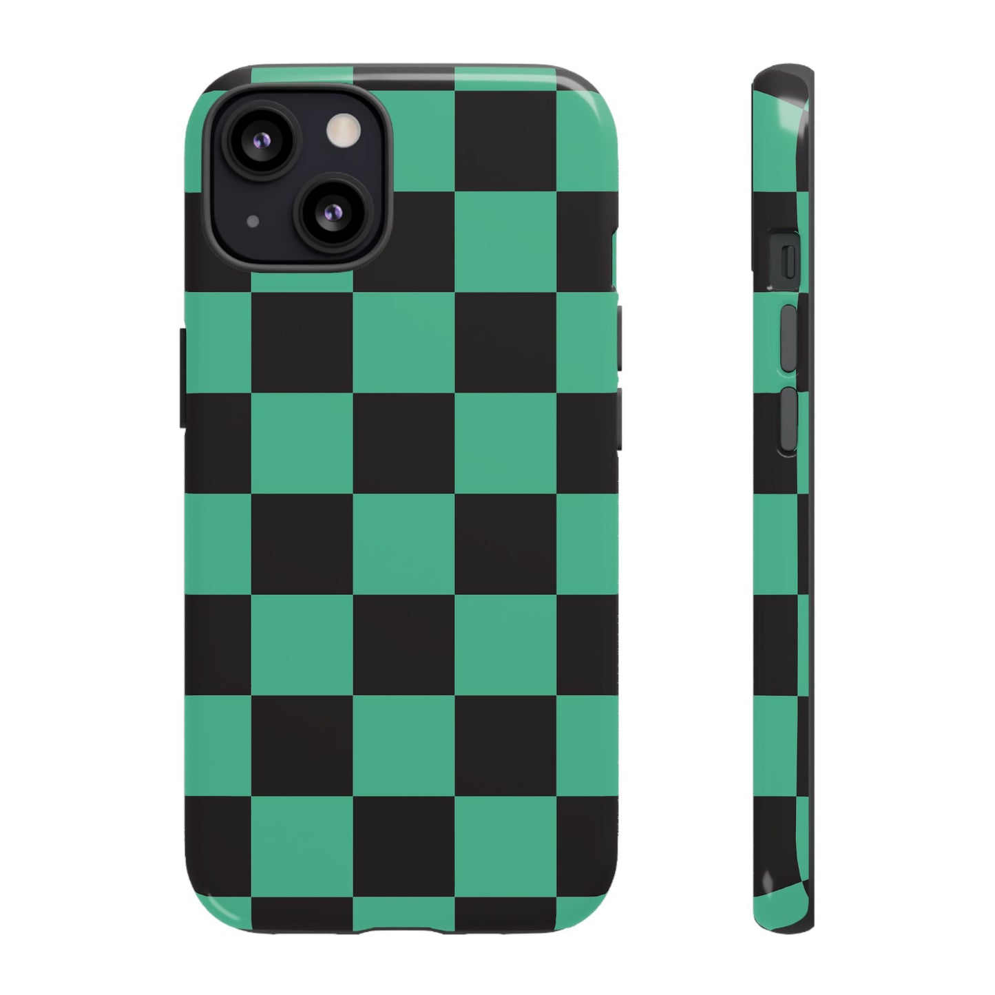 Tanjiro Checkerboard Tough Phone Case – Green & Black Protective Cover