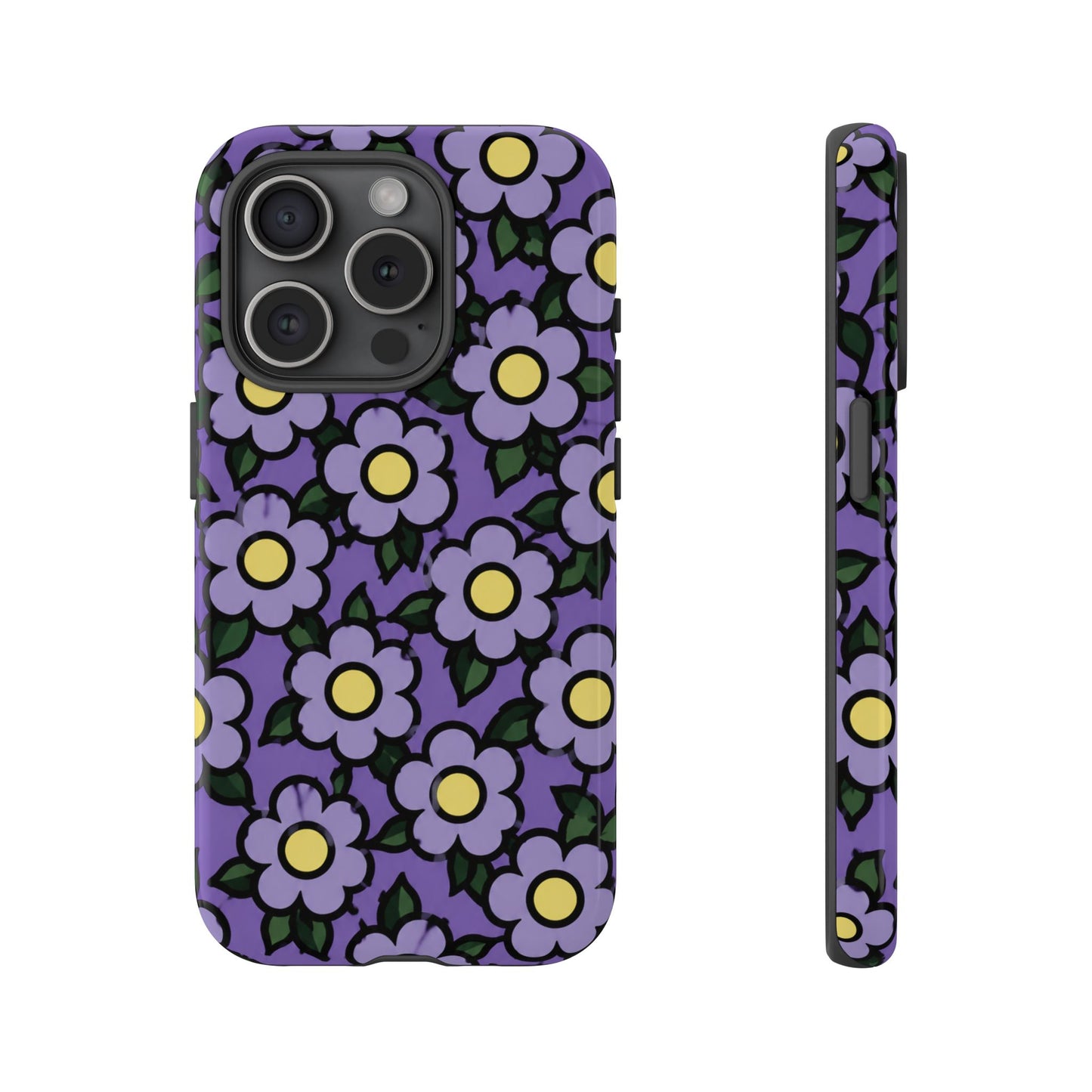 Purple Floral Tough Phone Case — Durable Protective Phone Cover with Cute Daisy Pattern