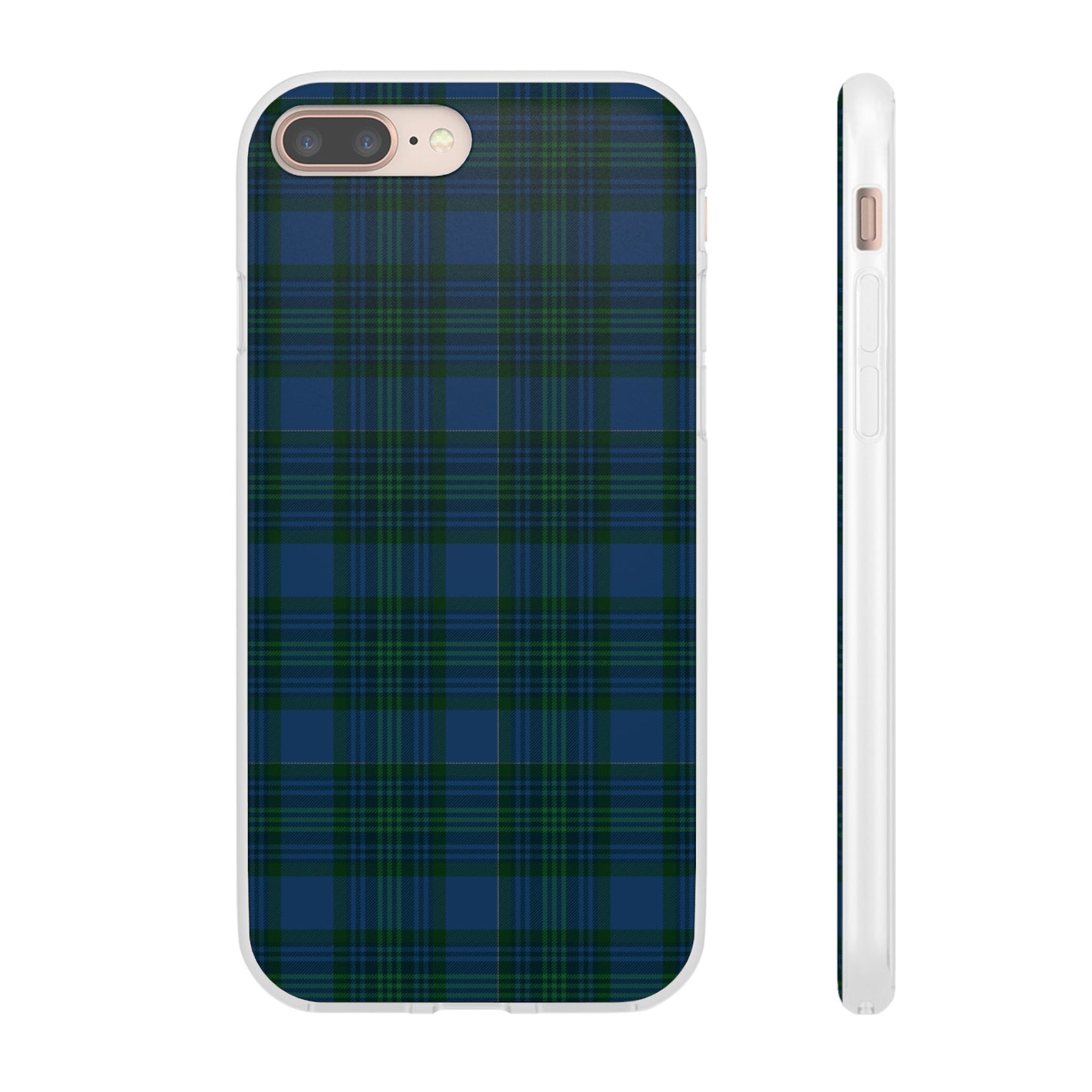 Navy green tartan phone case with flexible plaid design, slim shock-absorbing TPU, semi-transparent matte finish