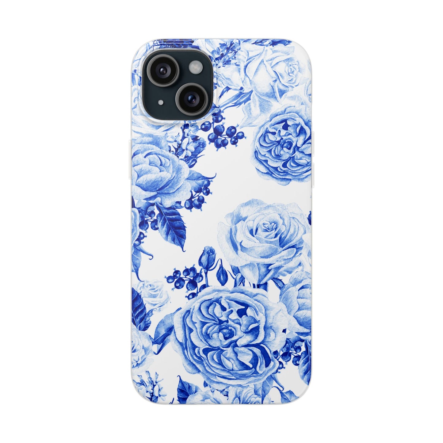 Blue Floral Phone Case — Hand-Painted Rose Pattern Flexi Case for Apple iPhone, Samsung Galaxy and Google Pixel.