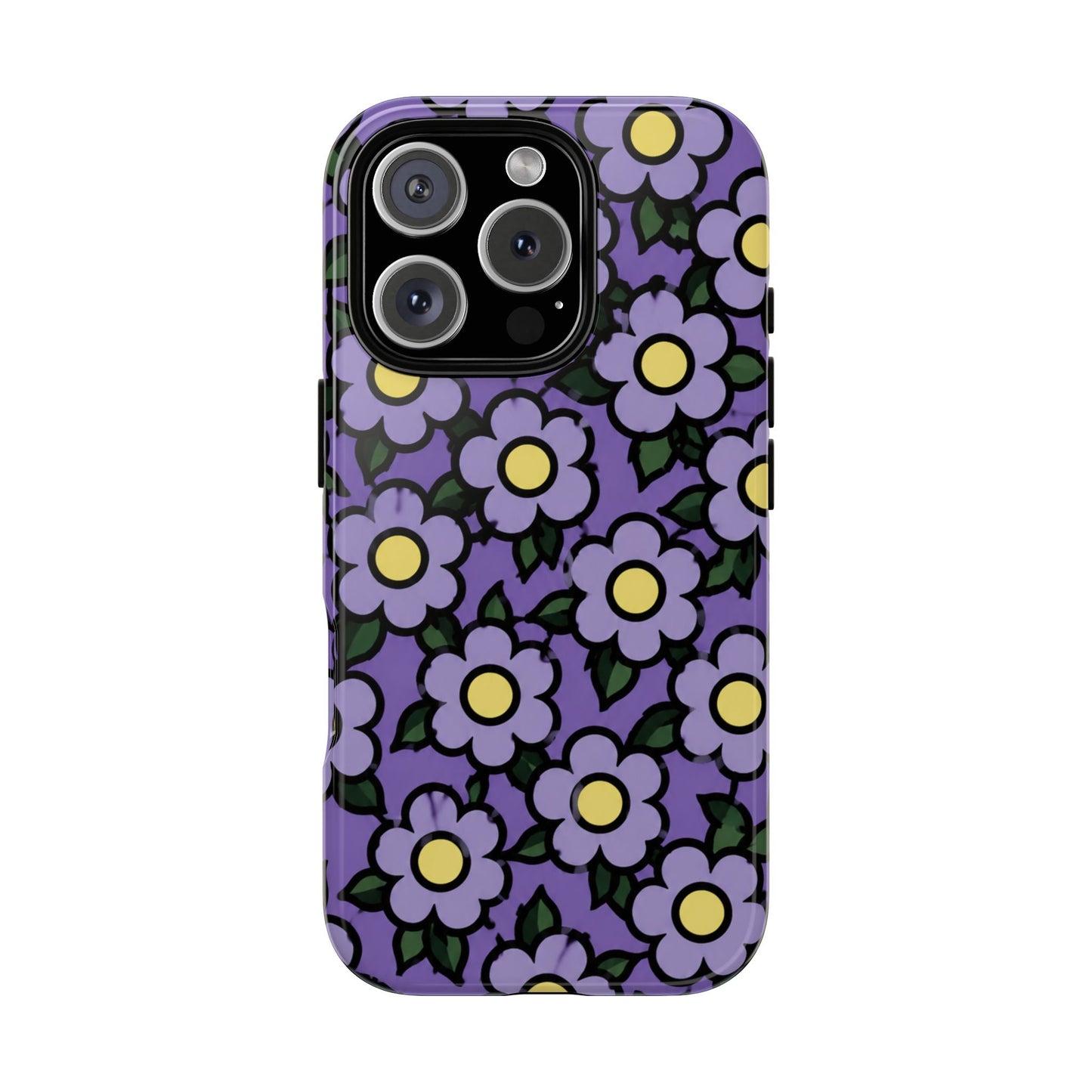 Purple Floral Tough Phone Case — Durable Protective Phone Cover with Cute Daisy Pattern