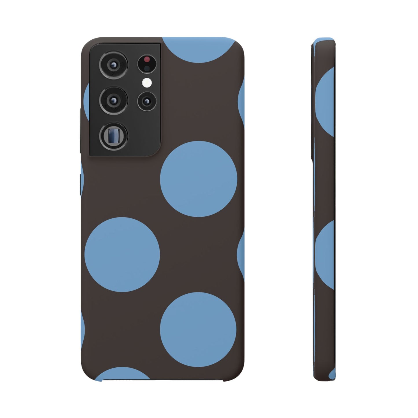 Matte Black with Large Sky Blue Polka Dots Slim Phone Case for Apple iPhone, Samsung Galaxy and Google Pixel.