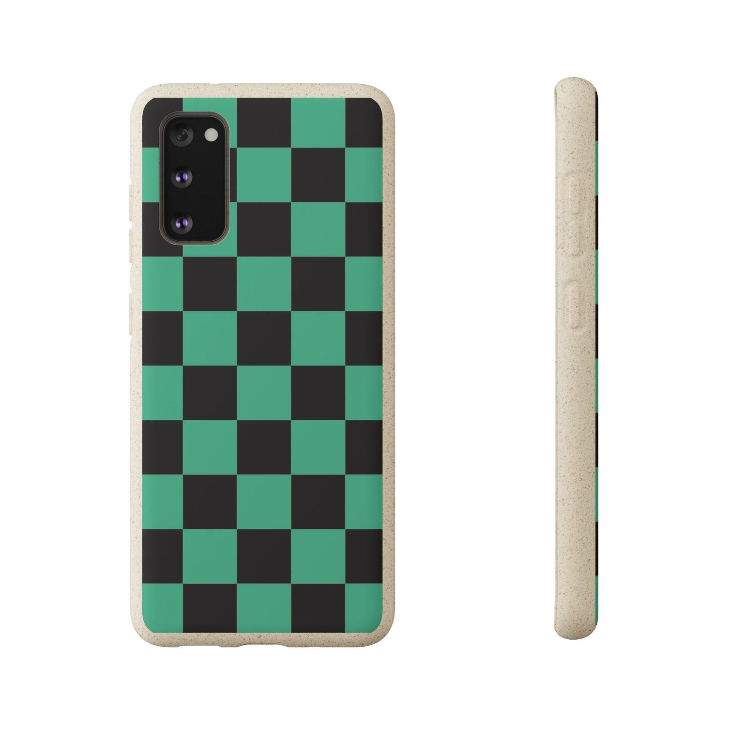 Biodegradable Checkerboard Phone Case — Green & Black Tanjiro Eco Smartphone Cover for Apple iPhone and Samsung Galaxy.