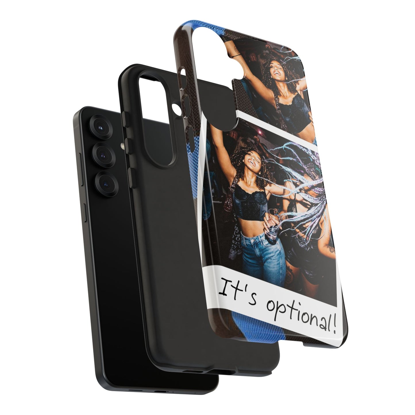 Two Image Personalised Polaroid Photo on Blue Polka Dot Protective Tough Case for Apple iPhone, Samsung Galaxy and Google Pixel.