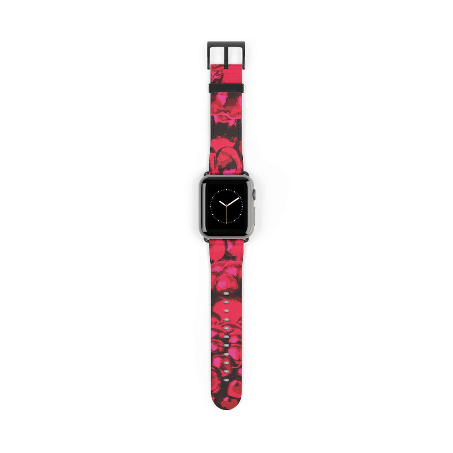Apple Watch band in pink blackberries pattern, stylish faux-leather accessory, perfect gift for her, stainless steel buckle