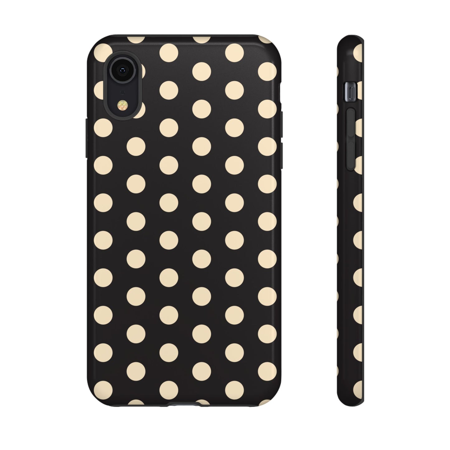 Polka Dot Tough Phone Case — Black with Cream Dots, Protective Slim Phone Cover