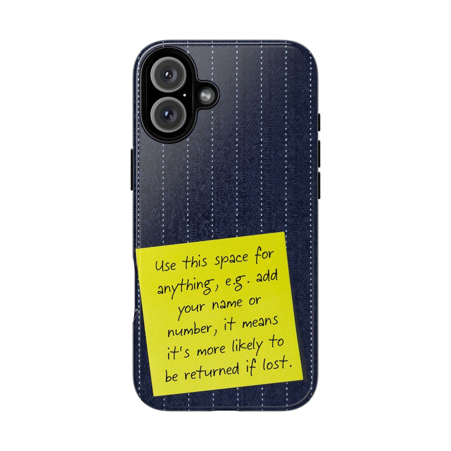 Navy Pinstripe Design with Yellow Sticky Note Personalised Tough Phone Case for Apple iPhone, Samsung Galaxy and Google Pixel.