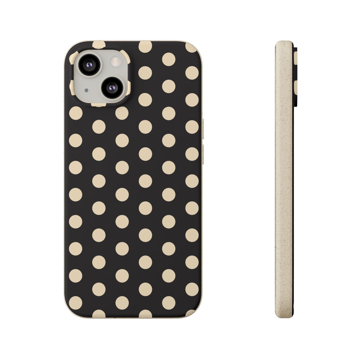 Eco-Friendly Black & Cream Polka Dot Pattern Biodegradable Phone Case for Apple iPhone and Samsung Galaxy.