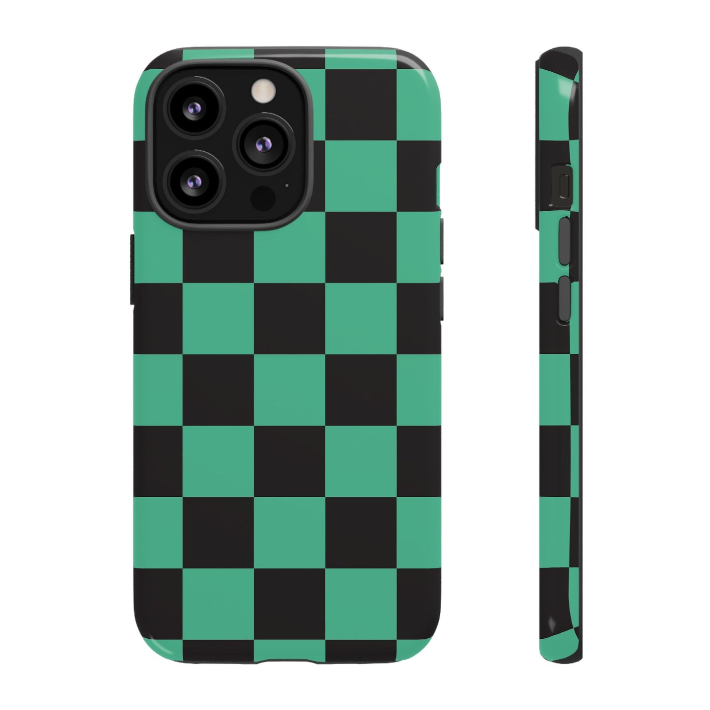 Tanjiro Checkerboard Tough Phone Case – Green & Black Protective Cover